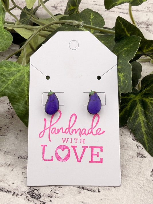 Hand-Painted Wooden Stud Earrings - Botanical & Veggie Collection