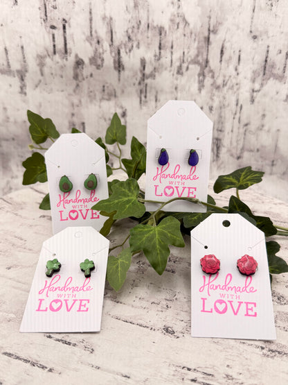 Hand-Painted Wooden Stud Earrings - Botanical & Veggie Collection