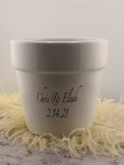 Personalized Ceramic Flower Pot | Custom Engraved Planter with Couple's Names & Date