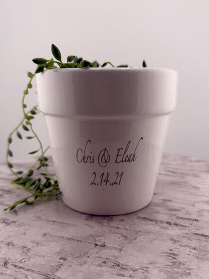 Personalized Ceramic Flower Pot | Custom Engraved Planter with Couple's Names & Date
