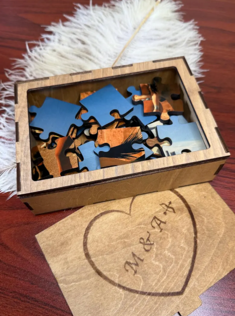 Custom Wooden Photo Puzzle with Engraved Keepsake Box