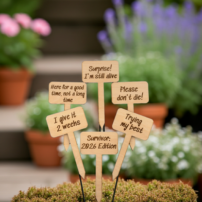 Funny Plant Stakes Set of 6 | Snarky Plant Markers | Wooden Garden Labels | Plant Lover Gift